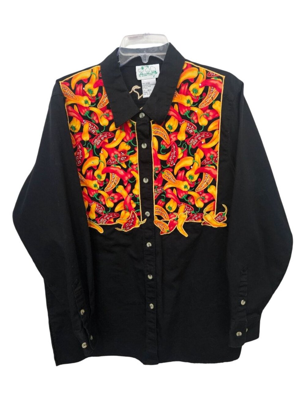 Quacker Factory Black Chili Peppers Womens BD Shirt Size L Southwestern